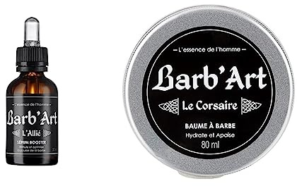 Barb'Art - Sérum Booster - Soin barbe fortifiant - Huiles bio de Ricin, Jojoba et Baobab - ParfumL'Allié - 30 ml & Baume Barbe Magnifique - Huile de Sésame bio - Parfum fraisLe Corsaire - 80ml