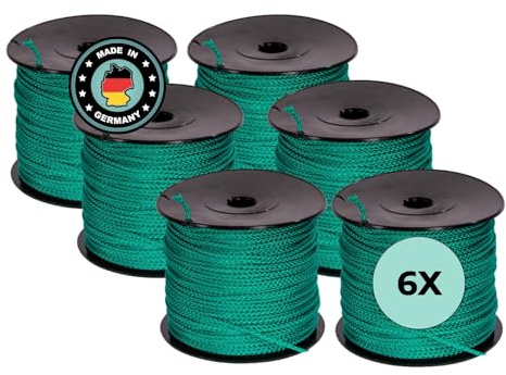 AWOTEX Pflasterschnur Grün 2,00 mm I 6 Rollen à 100 Meter I Richtschnur für Pflastern I langlebig & reißfest I Polypropylen Bauschnur auf PVC Rolle I Maurerschnur für Wasserwaage