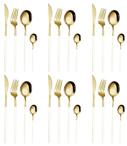 Couverts de Table en Acier Inoxydable, Lot de 24 Ensemble d'ustensiles Avec Couteau à Steak, Fourchette et Cuillère, Set de Couverts pour 6 Personnes avec Boîte, Cadeau de Noël (Or Blanc)