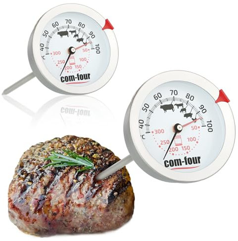 COM-FOUR® 2x Termómetro para asados - Termómetro para carne de 2 zonas con pantalla de control del punto de cocción - Termómetro analógico para parrilla y horno - Aguja para carne (2 piezas - 2 zonas)