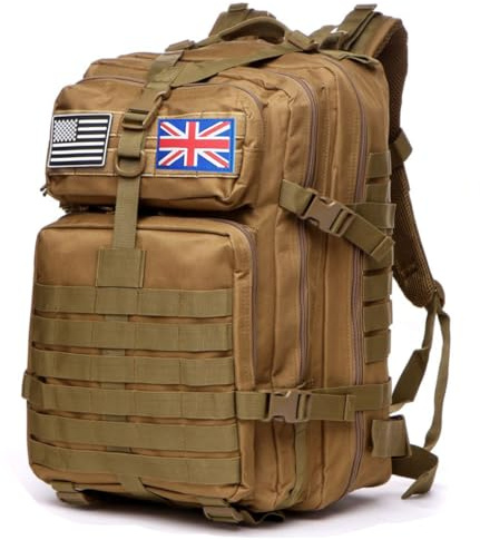 Thuram - Zaino militare tattico e per sport all'aria aperta, 50 L, in nylon resistente e impermeabile, per pesca, caccia, campeggio, escursionismo e hiking, cachi, 50L, Casual