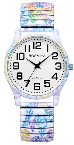 JewelryWe Uhren Damen Elastisch Edelstahl: Böhmische Schmetterling Blumen Druck Analog Quarz Armbanduhr Frauen Edelstahl Stretch Armband Uhr Damenuhr mit großen arabischen Ziffern Zifferblatt