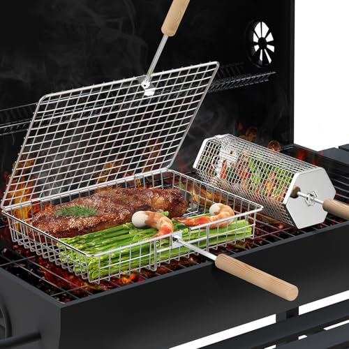 Ivtivfu Set di Cestelli per Griglia, Manico in Legno Rimovibile, Acciaio Inossidabile 304, Accessori Barbecue per Verdure e Gamberi, Barbecue Carbonella da Campeggio, Regalo Uomo, Papà, Marito