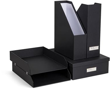 BIGSO HOLGER 5-teiliges Schreibtisch Set – Ordnungssystem mit 2 Stehsammlern, 2 Briefablagen und einer Box – Organizer aus Faserplatte und Papier – dunkelgrau