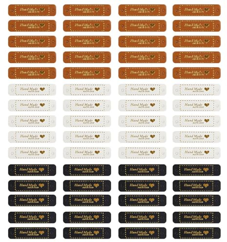LERANXIN 60 Stück Handmade Label Handgefertigte Lederetiketten zum Annähen, Mikrofaser Lederetiketten mit Löchern, mit Liebes Herz Lederetiketten Labels zum Annähen für DIY-Hüte Kleidung Annähen