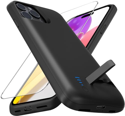 Giabuao Funda de Batería 8500mAh para iPhone 15 Pro, Delgada y Recargable con Carga Extendida, Funda Protectora Portátil con Batería y Soporte Plegable - Negro