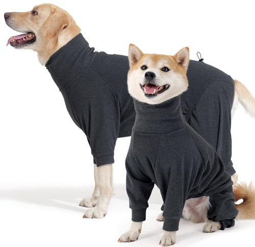 Hjyokuso Hundemantel Winter, Warmer Fleece Hundepullover mit Beinen, Weiche Vierbeinige Hundejacke für Kleine & Mittelgroße Hunde, Hundebademantel Fleece Hunde Pyjama Bekleidung Dunkelgrau M