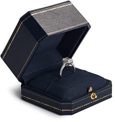 Papten Elegantly Handcrafted Octagonal Noble Engagement Ring Box Blue Velvet Lining - Blue with Gold Pattern - Single Ring Box for Proposal Wedding