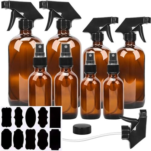 Afoxon Glass Spray Bottles-8 Pack Amber Glass Bottle Set,Empty Refillable Essential Oil Bottle,Multi Size and Adjustable Nozzle(16oz x2,8oz x2,4oz x2,2oz x2) with Labels