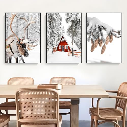 3er Premium Poster Set, Poster Bilder, Kiefernzapfen, Elch, Holzhaus, Schnee Szene Wohnzimmer Tannenzapfen Deko, Moderne Schlafzimmer Wandbilder Bilder, Ohne Rahmen (50 x 70 cm,Häuser)