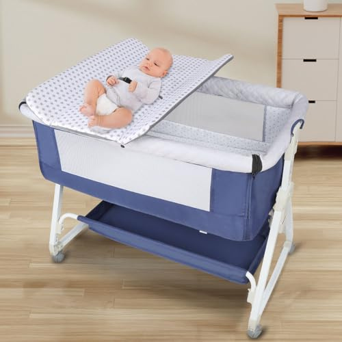 Beistellbett, Stubenwagen Babybett, mit Wickeltisch, Aufbewahrungskorb und Höhenverstellbar, Tragbares Kinderbett,Verstellbares Tragbares Bett für Säuglinge/Neugeborene (Blau, Mit Wickeltisch)