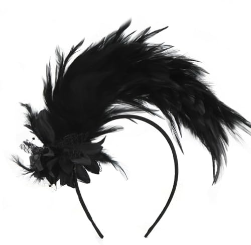 HUKUMA Feder Haarschmuck mit Blumen, Kopfschmuck 20er Jahre Damen, Federschmuck Haare Schwarz, Haarreif Federn für Fasching Karneval Cocktail Hochzeit Halloween Party