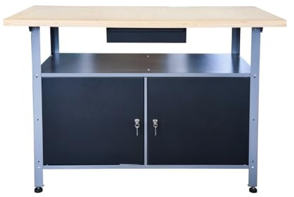 Banco da lavoro in metallo con compensato da 30 mm, ante e cassetto, dimensioni (L x P x A): 120 x 85 x 60 cm