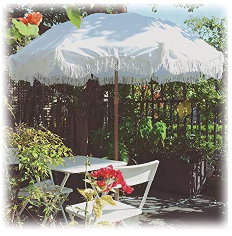 YJYJY Sonnenschirm Weißer Gartenschirm 2M Sonnenschirm für den Außenbereich Kippbare Sonnenschirme Innenhof Dekorativ Mit Quasten, Balkonterrasse Strand UV-Schutz,