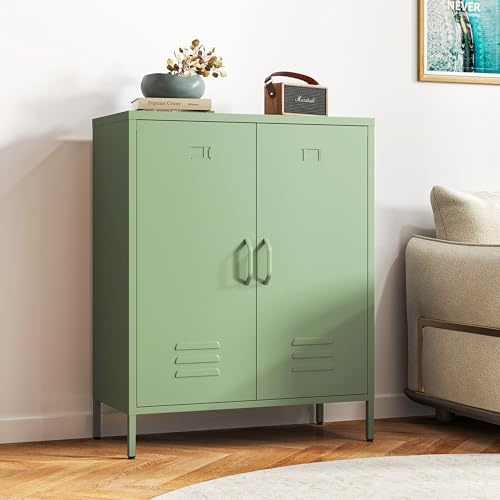 Bekrvio Metallkommode Hellgrün – Metallschrank 100×80×38cm mit Doppeltüren & verstellbaren Einlegeböden, Sideboard Industrial, moderner Mehrzweckschrank für Wohnzimmer, Flur & Balkon