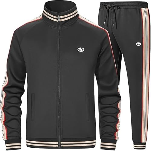 W JIANWANG Herr träningsoverall joggingdräkt sportdräkt tracksuit 2 delar avslappnad atletisk jogging, svart, M