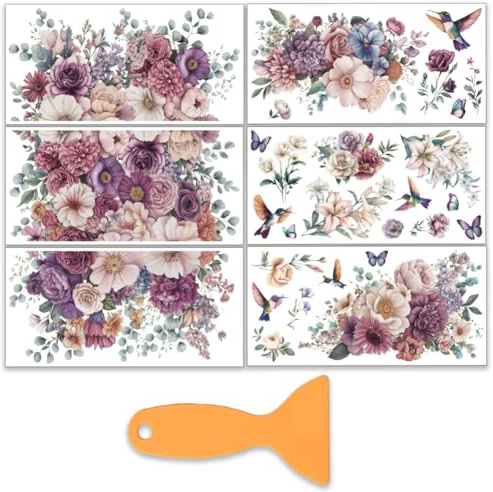 OLYCRAFT 6 Stück/Set Lila Blumen Transferfolien Zum Aufreiben Für Möbel Und Bastelarbeiten 30x15cm Kolibri Möbelaufkleber Transferaufkleber Zum Aufreiben Mit 1 Teiligem Schaber Für Scrapbook