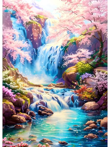 DPHERO DIY Wasserfall Diamant Painting Kits Bilder für Erwachsene Anfänger,5D Kirschblüten Diamond Painting Set,DIY Runde Steine Fluss Diamant Kunst Kits, Diamant Art für Zuhause Dekor 30x40 cm