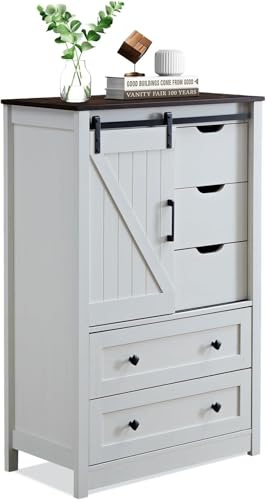 BLANKSPACE Antique White Dresser for Bedroom with 5 Drawers, 5 Chest of Drawers with Sliding Barn Door, Farmhouse Dresser for Living Room, Dining Room, Hallway