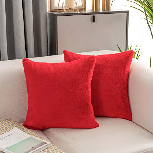 Home Brilliant Set of 2 Soft Plush Cushion Cover Bench Sofa Couch Wedding Decorative Pillow Protector Faux Fur Cushion Covers 65x65, Red