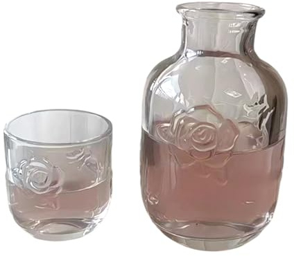 Jarra de vidrio con tapa en relieve rosa – Elegante jarra de bebidas (5.7 pulgadas de alto x 5.5 pulgadas de ancho)