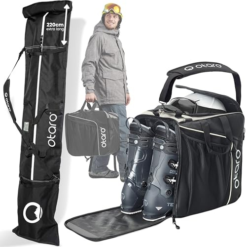 Otaro Skischuhtasche und Skitasche Extra-Lang (Classic Set | Frostweiß | 1x Ski Extra-Lang) | Skitasche für Ski und Skischuhtasche mit Helmfach