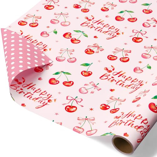 WERNNSAI 1 Rolle Kirsch Geschenkpapier 5m x 43cm Schleife | Kirschen Geburtstagsparty Dekoration, Schleife Geschenkverpackung für Mädchen Kinder