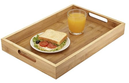 Serviertablett, 35 × 25 × 4 cm Holztablett mit Griff, Rechteckig | Tablett Serviertablett, Tablett Holz für Frühstück Tee Couchtisch Café