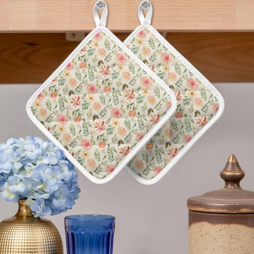 Pot Holders Set of 2, Watercolor Spring Blossom Floral Potholder for Kitchen Heat-Proof Hot Pads, Botanical Leaves on Flax Hot Mats Potholders for Cooking Baking BBQ
