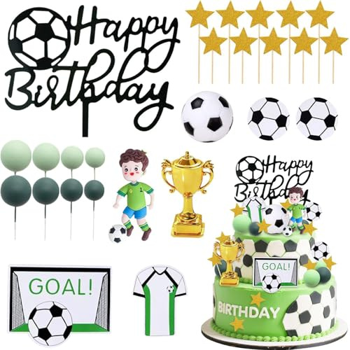 26 piezas Juego de decoración para tartas con temática futbolística, ideal para fiestas de fútbol, celebraciones de cumpleaños infantiles y fiestas de cumpleaños para niños.