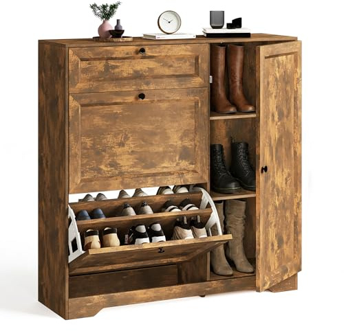 Xbro Schuhschrank mit Schublade, 2 Klappen und Tür, Schuhkipper Schmal, Schuhregal für 20–25 Paar Schuhe, mit verstellbaren Trennwänden, für Flur und Eingangsbereich, 100 x 29,7 x 104 cm, Vintage