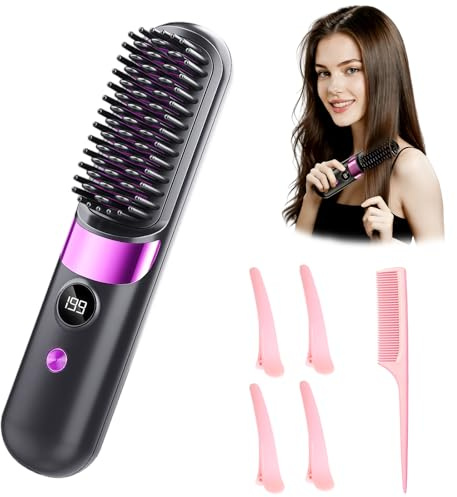 Cordless Hair Straightener Brush, Go Brush Pro UK, 4 Heat Settings with LED Display, Anti-Scald Design, Ceramic Wide-Tooth Comb, Portable Hair Straighteners for Women Short&Long Hair,Matteblack
