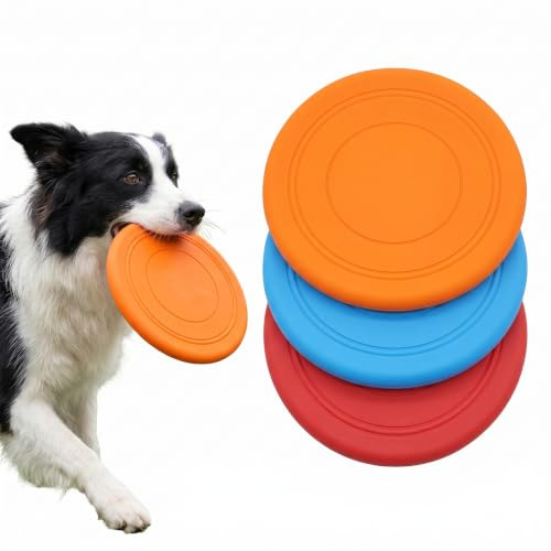 FIQLUL 3 Piezas Perro, 17,5cm Disco Volador de Silicona Resistente, Juguete Interactivo para Perros para Entrenamiento y Juego al Aire Libre (Azul, Rojo, Naranja)