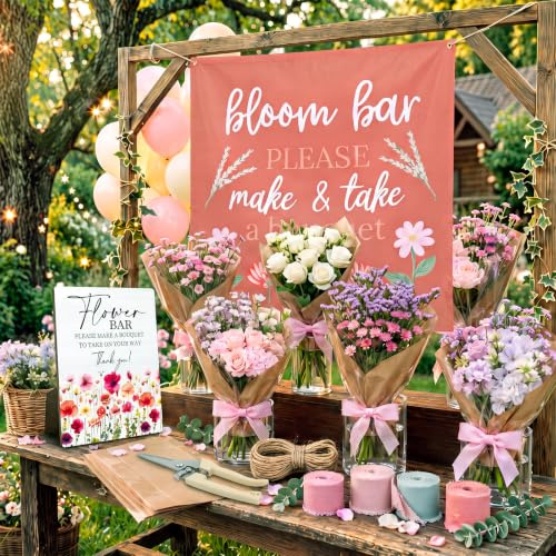 Yungyan 45 Pcs Flower Bar Supplies Buckets Set Kit Include Wood Sign Kraft Floral Bouquet Gift Bag Clear Plastic Vase Ribbon Garden Scissors for Bloom Bar Wedding Bridal Shower Home Table Decor