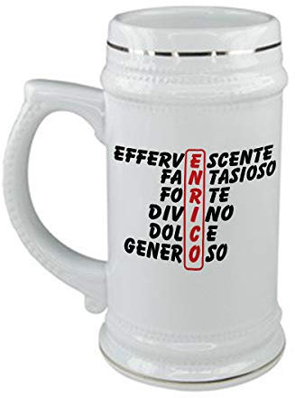 bubbleshirt Boccale da birra Compleanno - Enrico e aggettivi simpatici - evento - in ceramica - capienza 50 cl - idea regalo