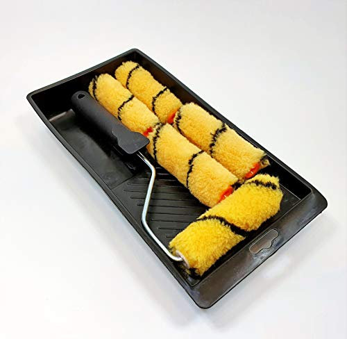 Paint Roller 4-Inch Kit with Tray, for Painting Walls, Ceilings, Door, Frames, Edging and Applying Varnish. 4 5 x Rolls and Paint Tray Set. (Medium Pile Roller 4)