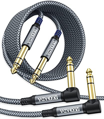 AkoaDa 6.35mm Professional TRS Instrument Cable (3M 2-Pack), Straight 1/4 Inch Male Jack Stereo Audio Interconnect Nylon Braided Instrument Cable For Speaker, Equalizer, Mandolin, Effector (Grey)