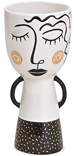 matches21 Vase Blumenvase Dekovase Figur Kopf schlafend & Arme Griffe Keramik weiß schwarz Gold gepunktet 1 STK Ø 9x20 cm