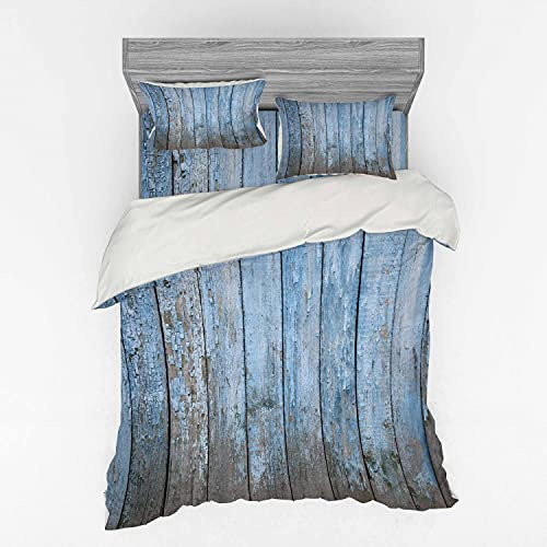 Ambesonne Fence Bedding Set, Old Painted Rustic Wooden Planks Vintage Naturally Weathered Destruction, 4 Piece Duvet Cover Set with Shams and Fitted Sheet, Queen Size, Pale Azure Blue Dust