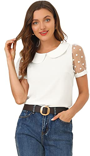 Allegra K Camicette da donna, a pois, camicetta vintage con colletto Peter Pan, top a maniche corte da donna, bianco, 40