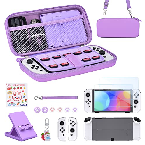 Younik Switch OLED Zubehör Bundle, 17-in-1 Switch OLED Zubehörset Enthält Switch-Tragetasche mit 9 Spielkartenfächern, Verstellbaren Ständer, Schutzhülle für Switch-Konsole und J-Con (Violett)
