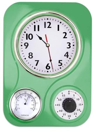 Lily's Home -9.5 Inch x 12.5 Inch - Retro Kitchen Wall Clock, Vintage Wall Clock with a Thermometer and 60-Minute Timer, Ideal for Any Kitchen, Office, or Diner (Retro Green)