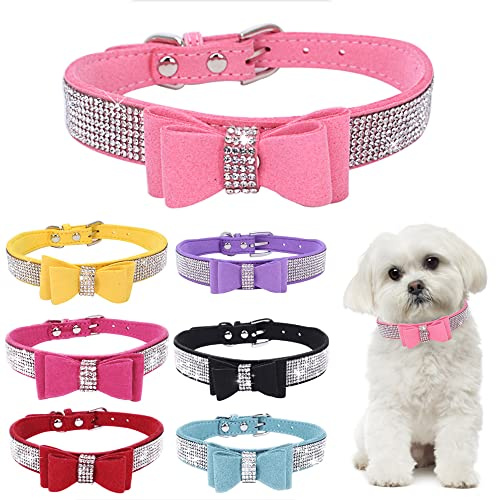 Hundehalsband Kleine Hunde Mit Fliege, Schleife Halsband Welpe Mit Strass Perlen Glitzer Kristall Steine MäDchen Halsband Katze HüNdin Strasssteinen,Rosa S