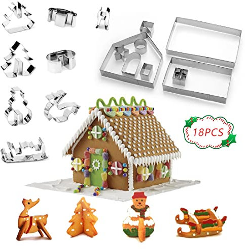 SUNCHE 3D Casa Galleta De Jengibre, Molde de Galletas Navideñas, Christmas Gingerbread House, Acero Inoxidable Galletas Cortador, Juego de Cortadores de Galletas para Navidad, 18 Piezas