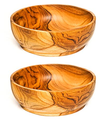 Rainforest Bowls Set of 2 7 Large Round Footed Javanese Teak Wood Bowls- Perfect for Everyday Use, Hot & Cold Friendly, Ultra-Durable- Premium Solid Wooden Bowls Handcrafted by Indonesian Artisans