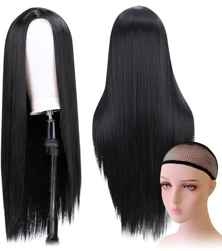 Damen Lange Perücke 75cm Schwarz Gerade Synthetische mit Haarnetz für Halloween Tägliche Karneval Fasching Cosplay Party