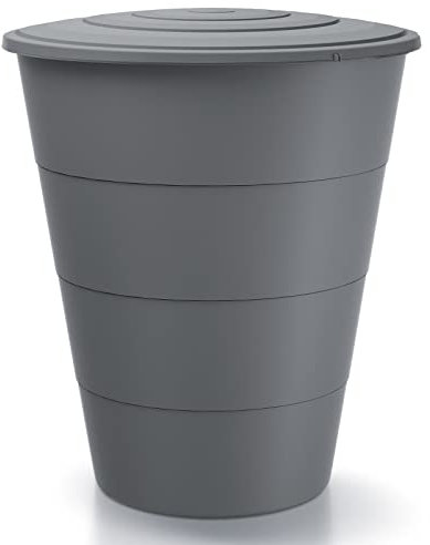 Regentonne rund Regenwassertank Florenz mit 210 Liter Volumen in der Farbe grau ist aus UV- und witterungsbeständigem Material. Frostsicherer Regenwassertonne BZW. Regenfass mit kindersicherem Deckel