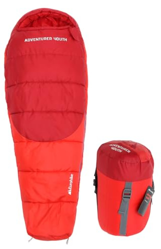 Eurohike Youth Adventurer Sleeping Bag with Pillow Pocket for Teens, Kids, 1 Person, 2-3 Season, Lightweight, Warm, Indoor & Outdoor Use, Camping, Hiking, Backpacking, Compression Bag (Red)