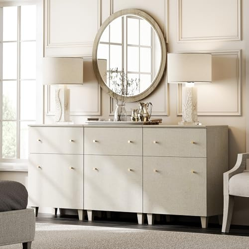 WAMPAT Dresser Chest with 3 Drawers and Doors for Bedroom, 3-in-1 Modern Beige Wood Closet Storage Organizer with Adjustable Shelves for Kids Room, Nursery, 70.8x15.3x32.4