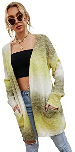 HEYPORK Damen Herbst Winter Warm Bequem Jacke Casual Mode übergangsjacke Mantel Frauen Pullover Regenbogen Mittlere Länge Strickjacke Tasche Gestrickt Jacke(Gelb, 3XL)